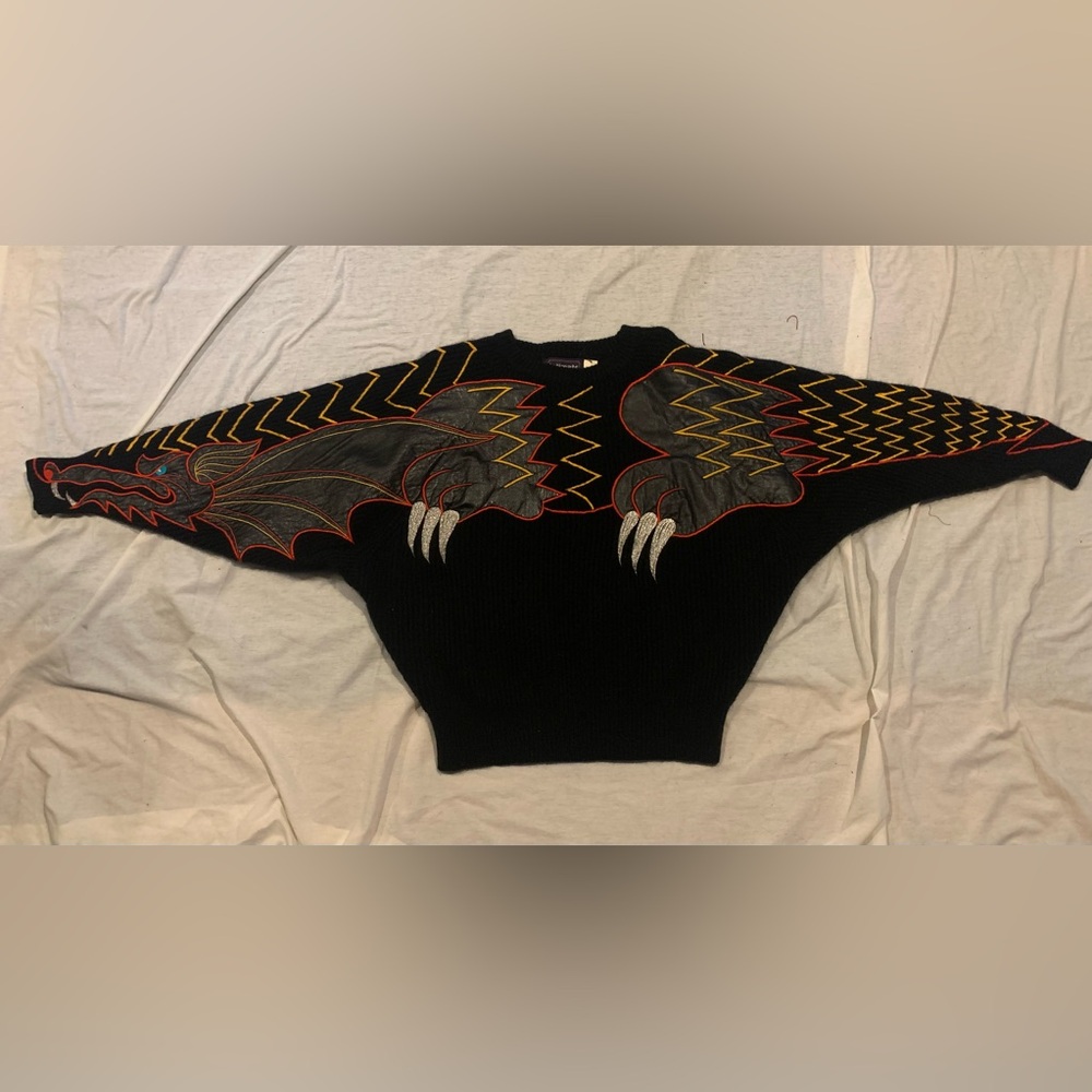 Black Lambswool/Angora Sweater with Dragon Design
